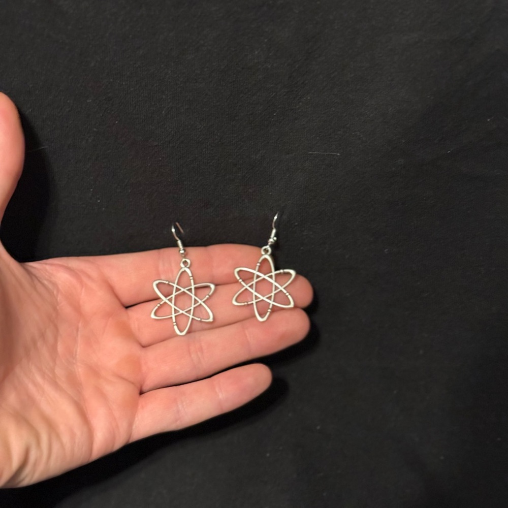 Silver Atomic Model Earrings Minimalist Design - Picture 2 of 3